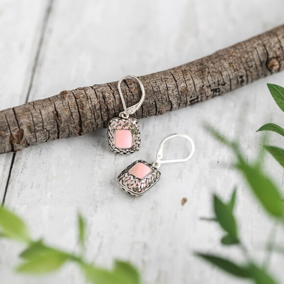 Recycled Antique Pink Depression Glass Vintage Quilted Square Earrings - Picture 2 of 6